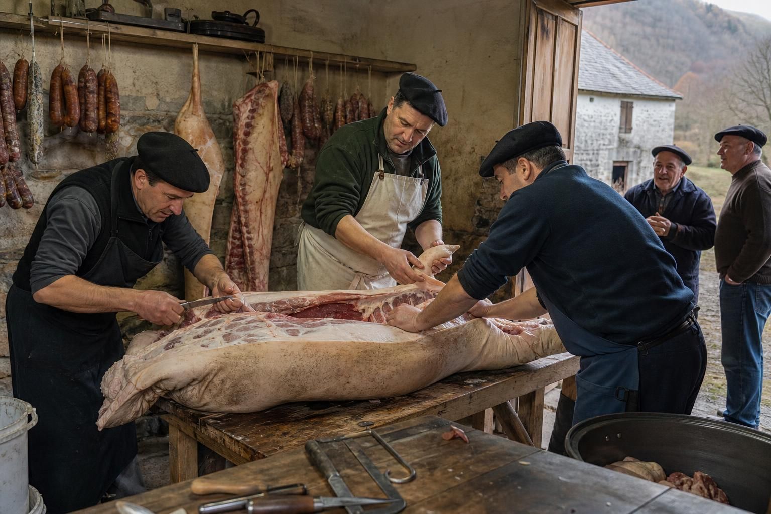tradiční porážka v regionu haut-béarn, srdci pyrenejí, nabízí kvalitní zpracování masa s důrazem na místní tradice a čerstvost.